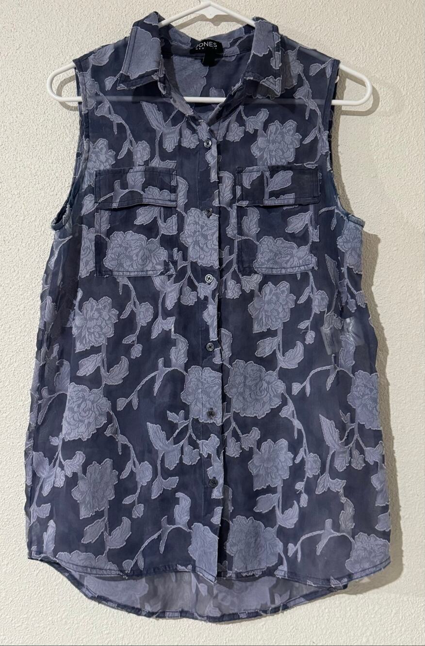 Jones New York Sheer Slate Blue Floral Burnout Sleeveless Button Down Blouse M